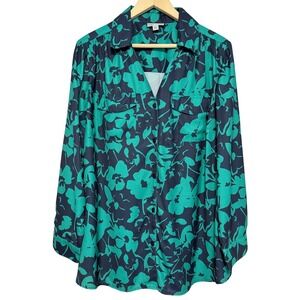 Catherines Blouse Womens 1X Teal Navy Garden Floral Button Down Long Sleeve Top